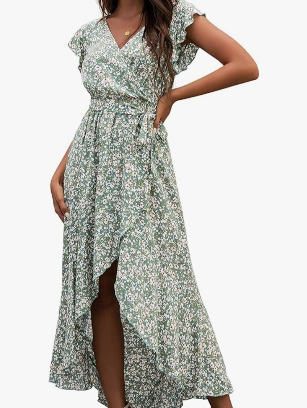 Floral Green High-Low Wrap Dress with Ruffle Sleeves